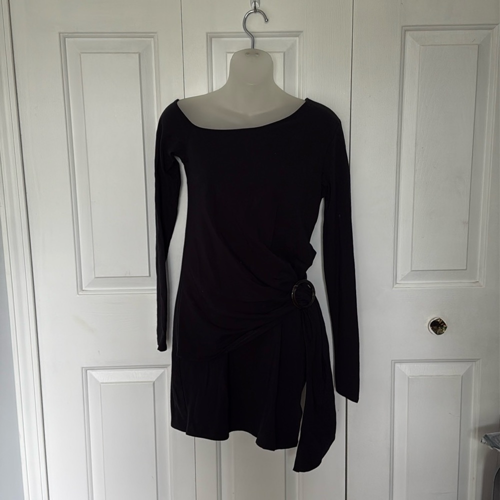 Free People Sz Medium stretchy side gather LS black dress GUC W60